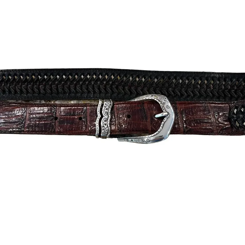 Brighton Brown Crocodile W/Black Braid/Weave Belt W/Silver Buckle - SIZE XL 36